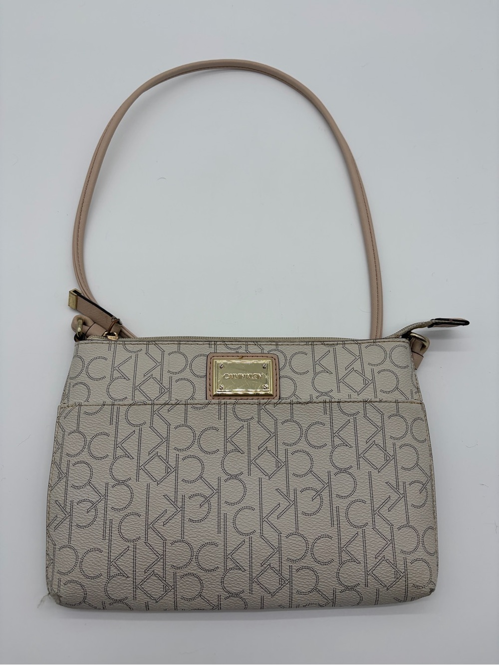 Calvin Klein Taupe Logo Crossbody Bag with Gold Plaque and Pink Strap
